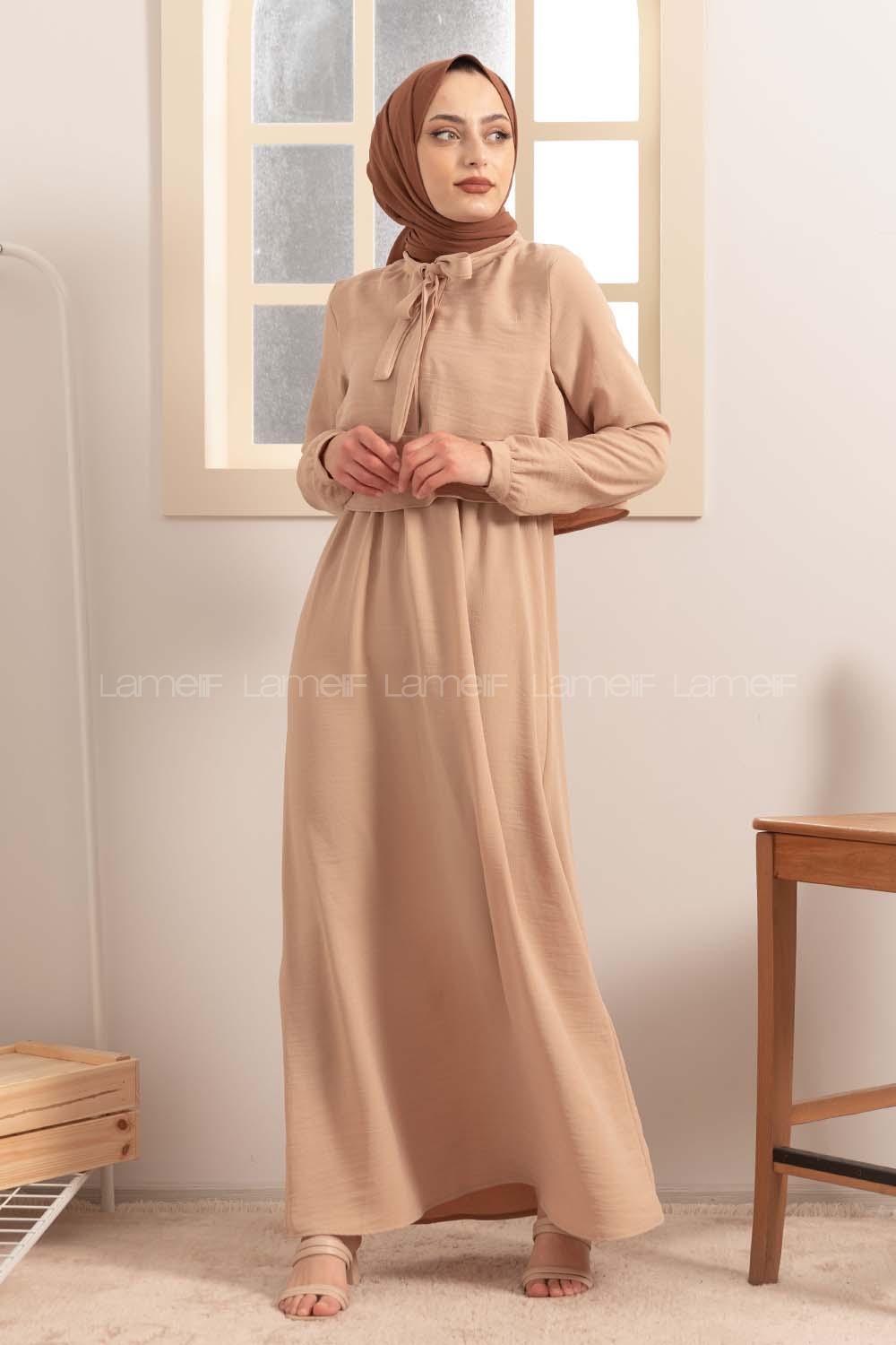 Modalamelif Yaka Bağlama Bolerolu Elbise Sütlü Kahve