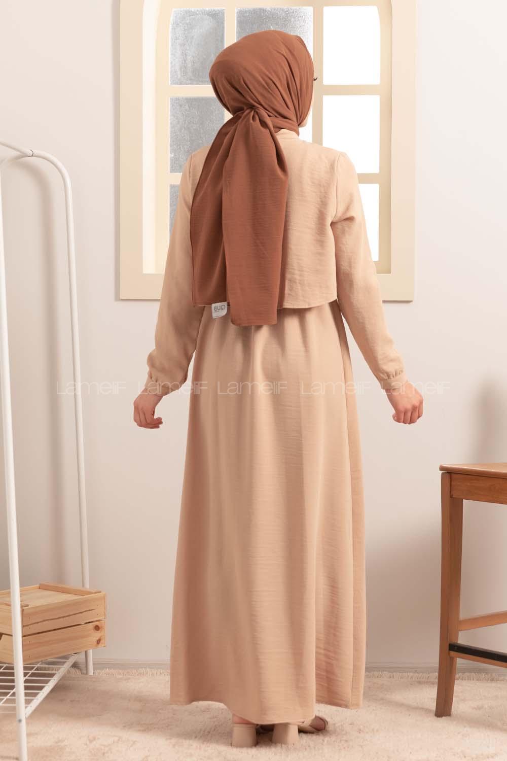 Modalamelif Yaka Bağlama Bolerolu Elbise Sütlü Kahve