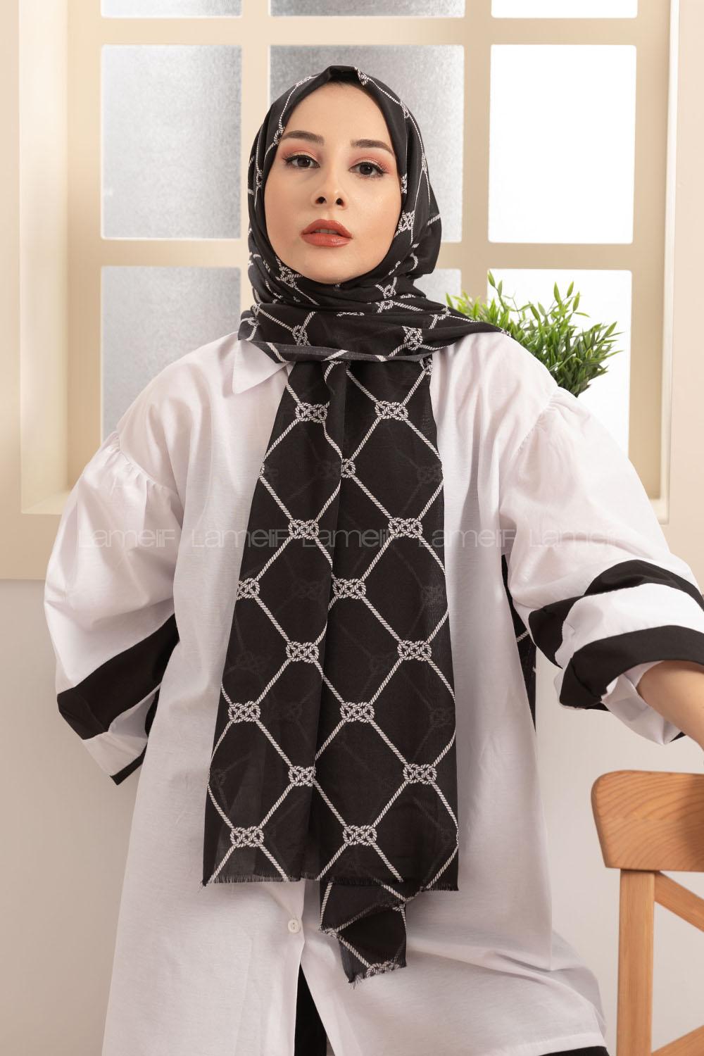 Modalamelif Siyah Beyaz Halat Desenli Şal