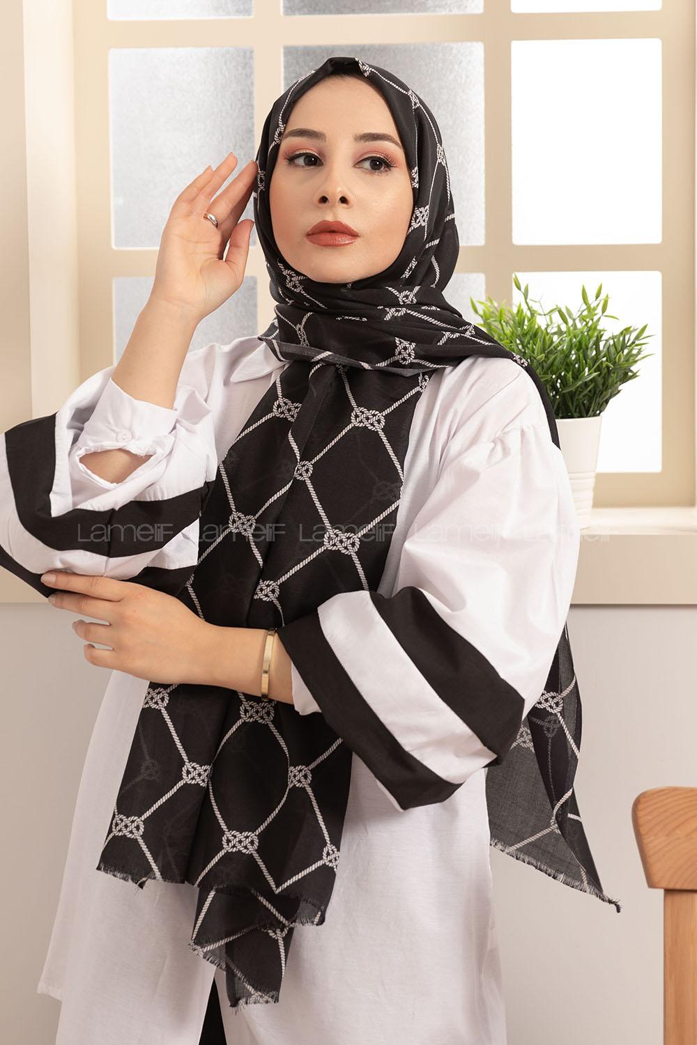 Modalamelif Siyah Beyaz Halat Desenli Şal