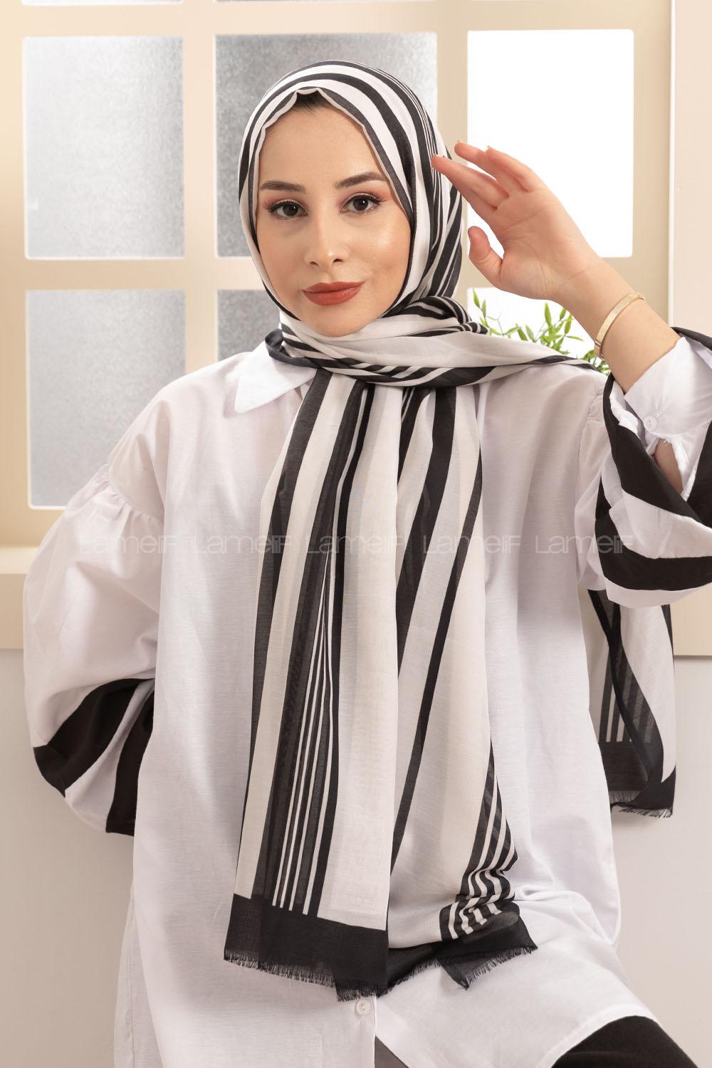 Modalamelif Siyah Beyaz Şerit Desenli Şal