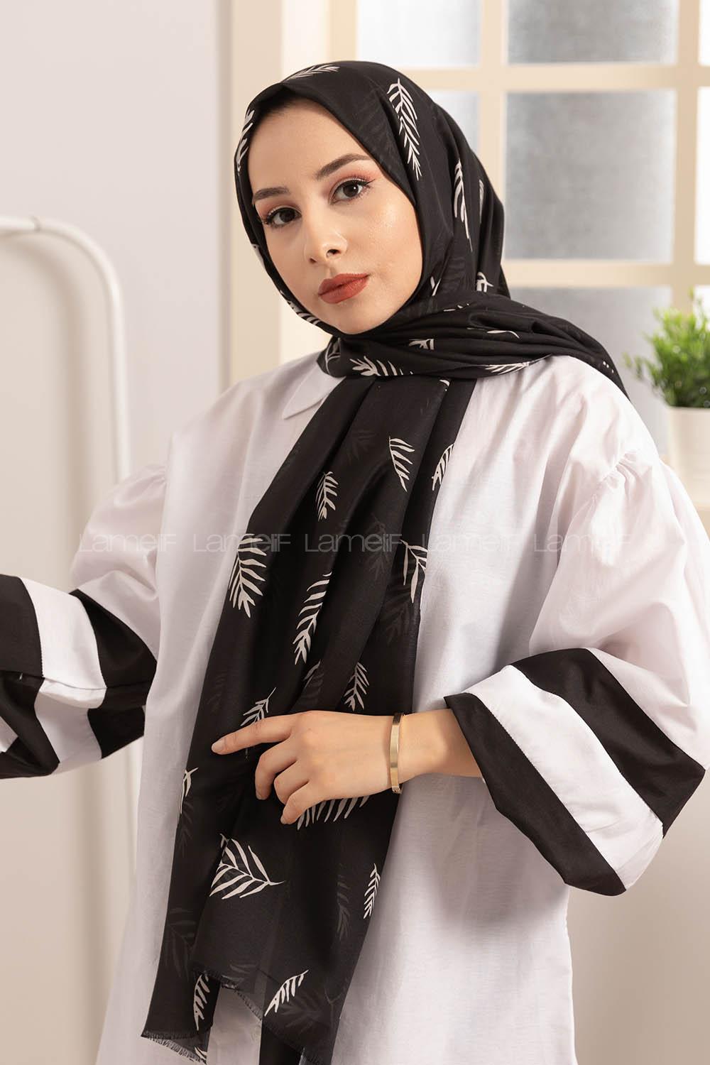 Modalamelif Siyah Beyaz Yaprak Desenli Şal