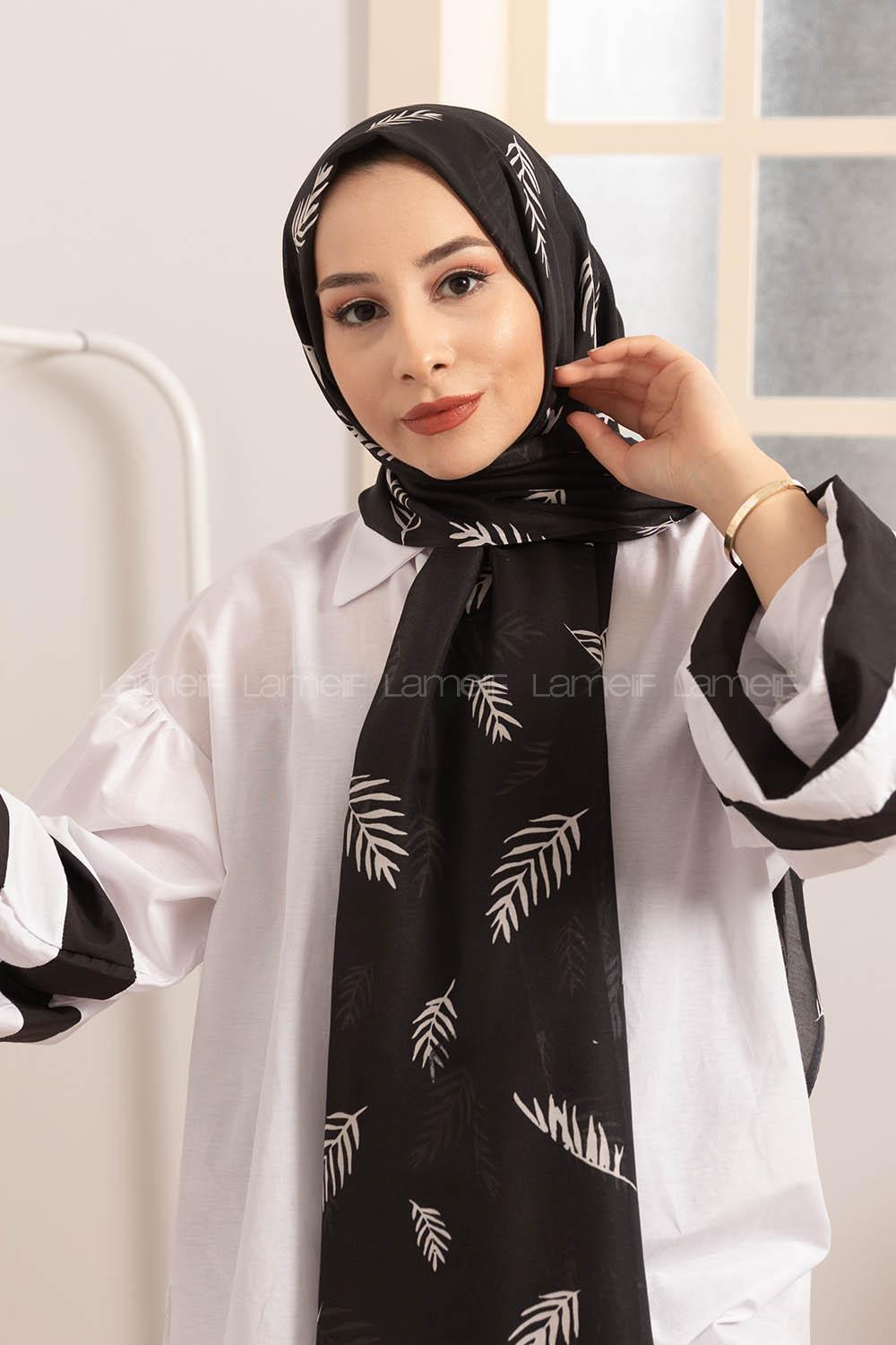 Modalamelif Siyah Beyaz Yaprak Desenli Şal