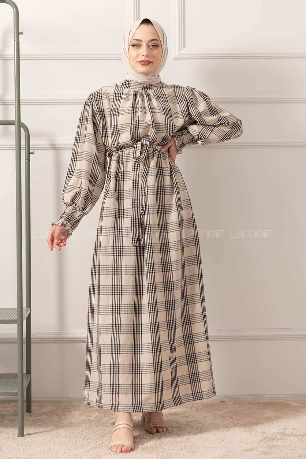 Modalamelif Balon Kol Kuşaklı Elbise Bej