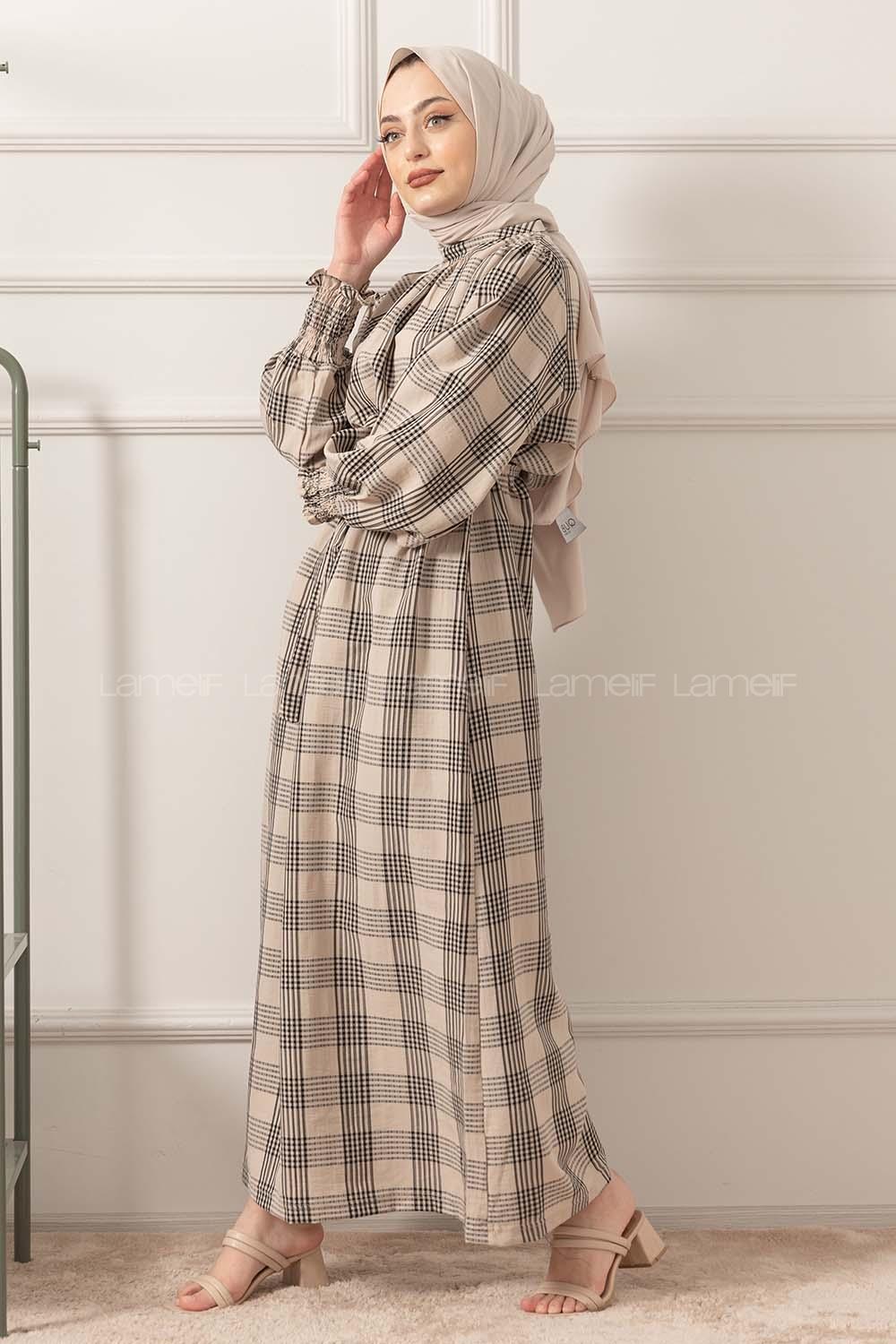 Modalamelif Balon Kol Kuşaklı Elbise Bej