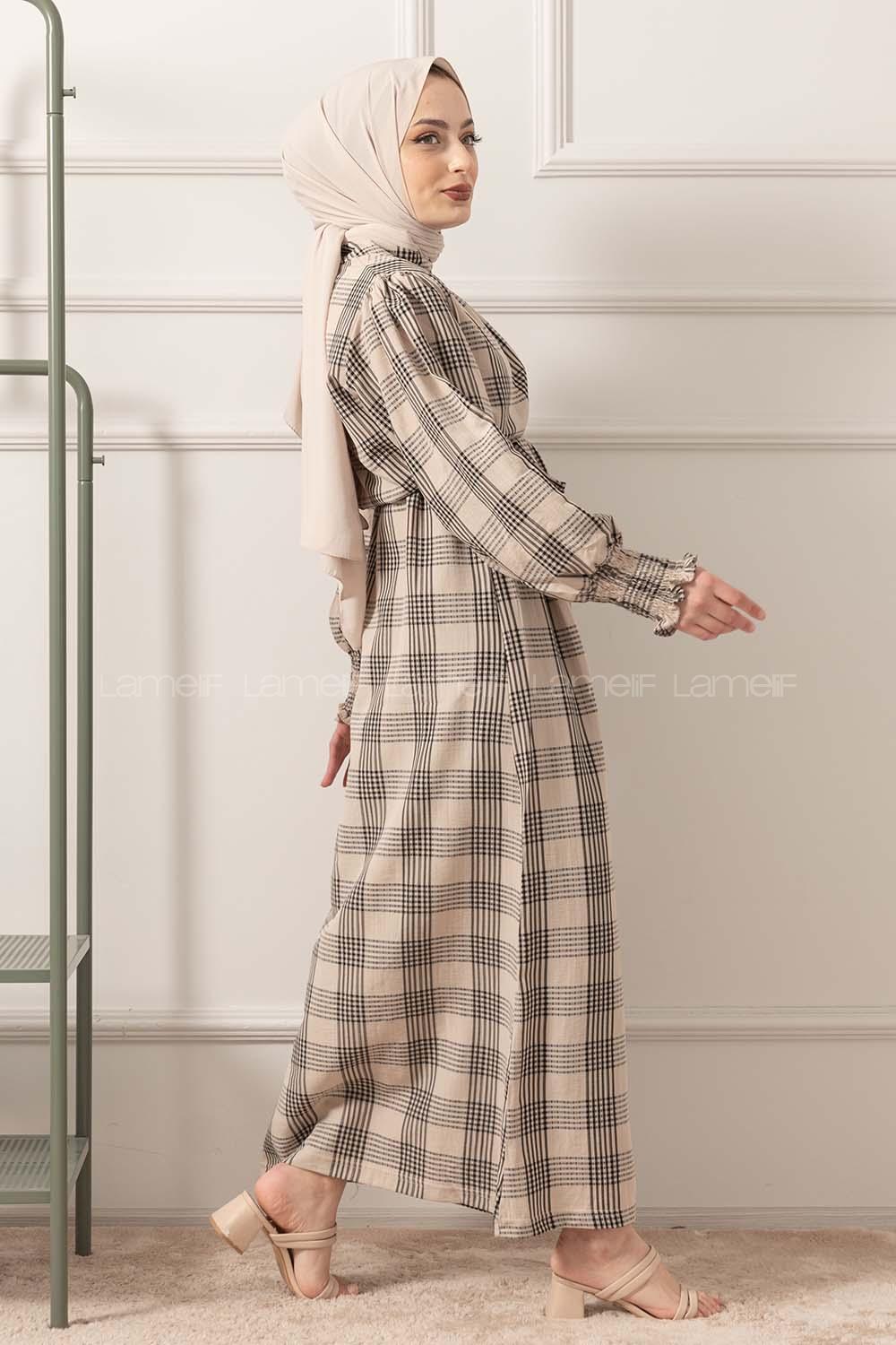 Modalamelif Balon Kol Kuşaklı Elbise Bej