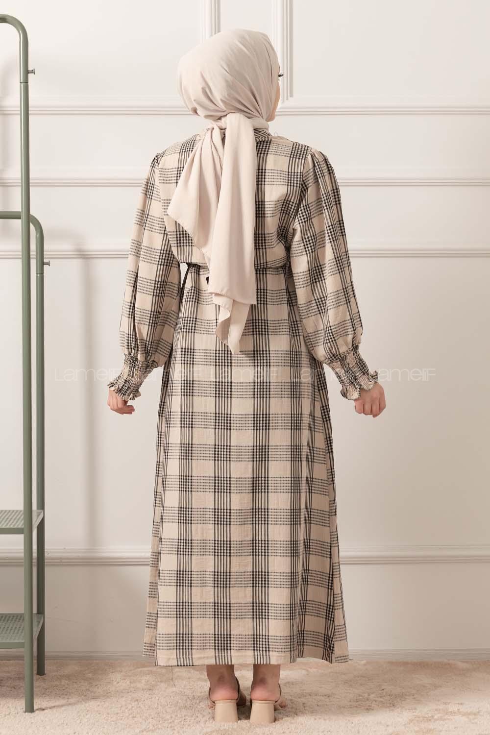 Modalamelif Balon Kol Kuşaklı Elbise Bej