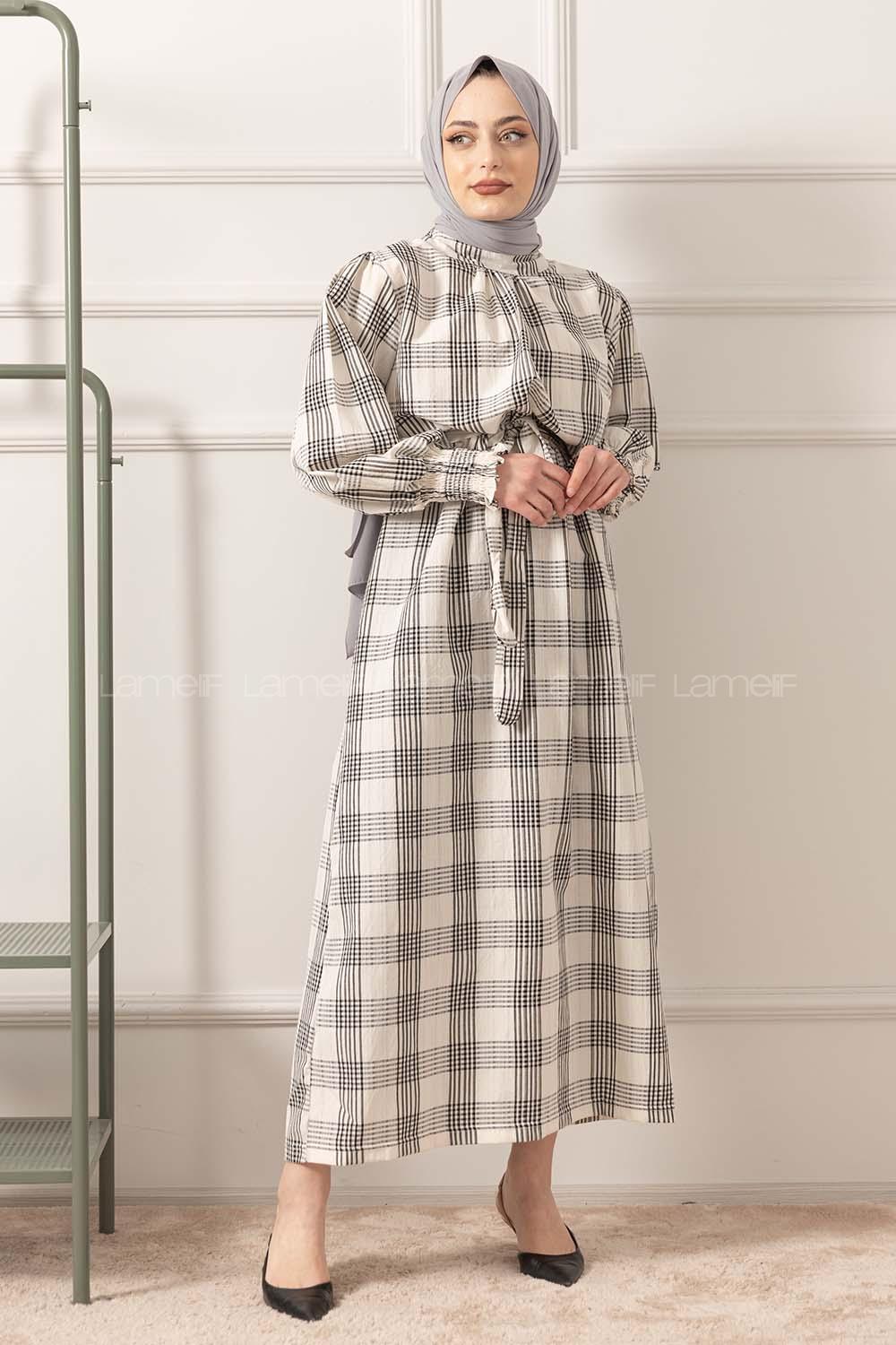 Modalamelif Balon Kol Kuşaklı Elbise Ekru