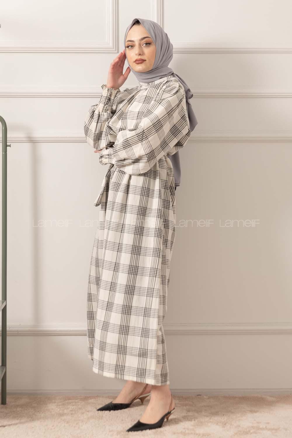 Modalamelif Balon Kol Kuşaklı Elbise Ekru