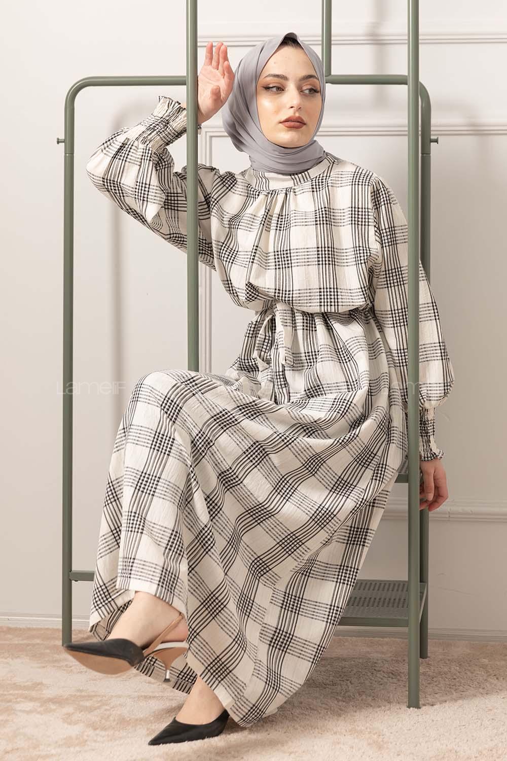 Modalamelif Balon Kol Kuşaklı Elbise Ekru