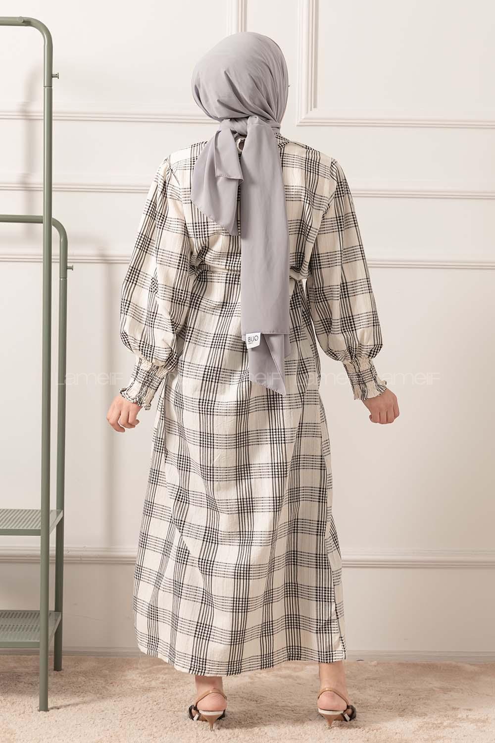 Modalamelif Balon Kol Kuşaklı Elbise Ekru