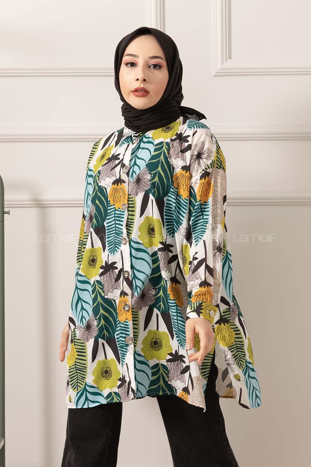 Modalamelif Çiçek Desen Dijital Baskı Gömlek Siyah