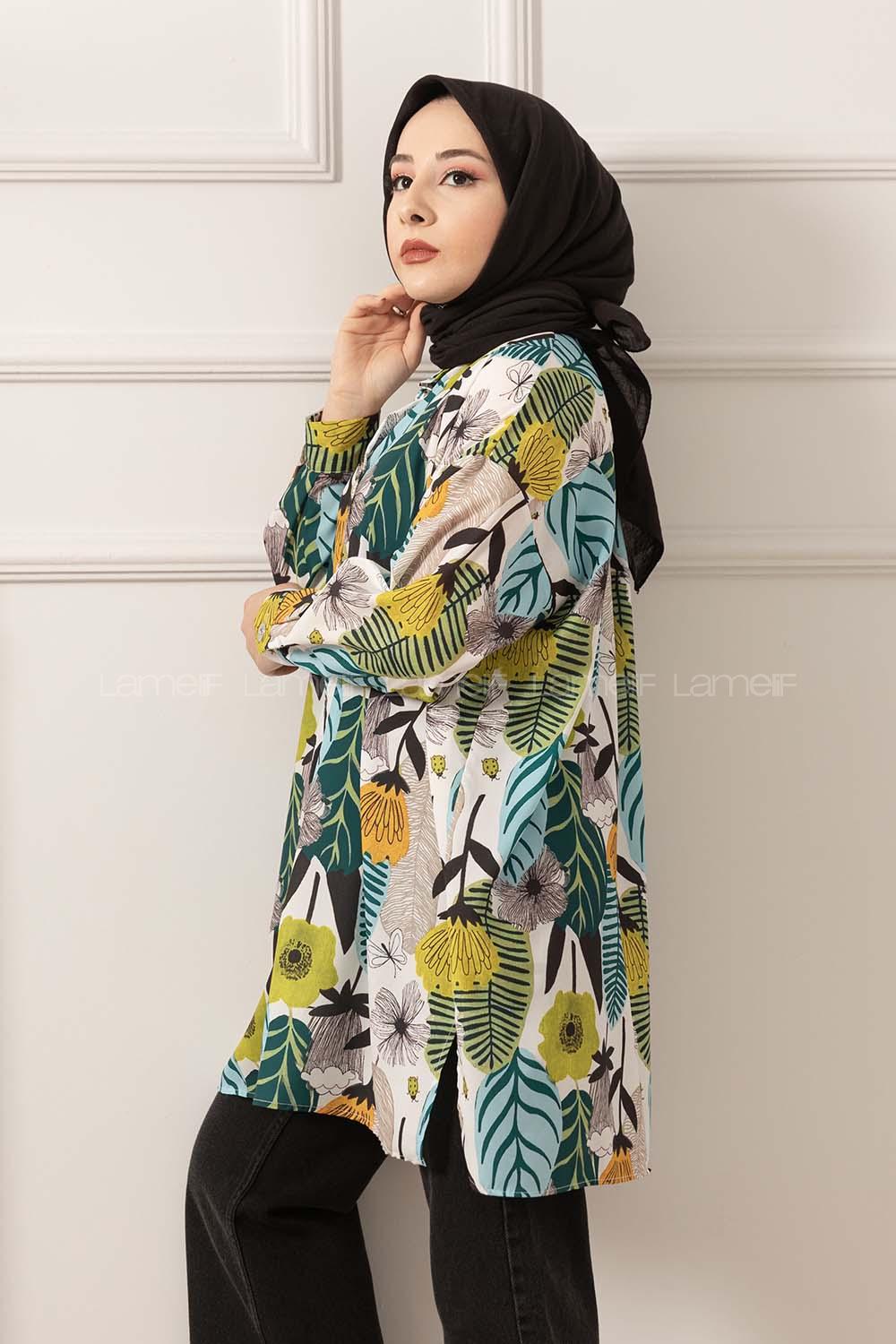 Modalamelif Çiçek Desen Dijital Baskı Gömlek Siyah