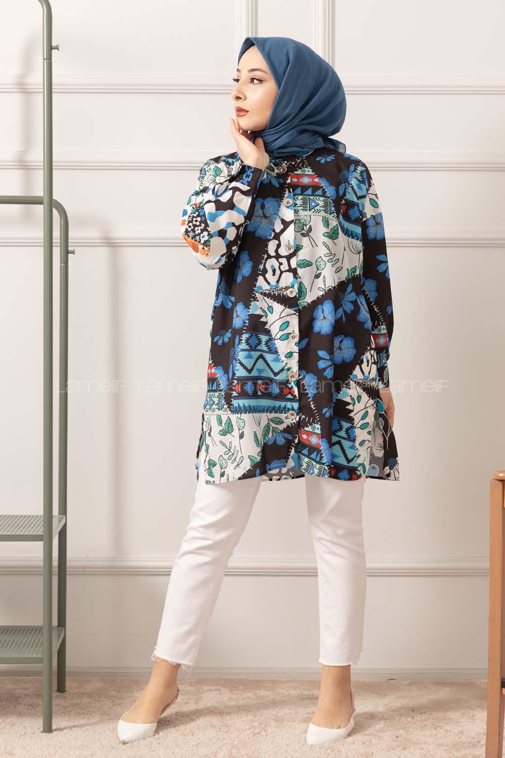 Modalamelif Etnik Desen Dijital Baskı Gömlek Siyah