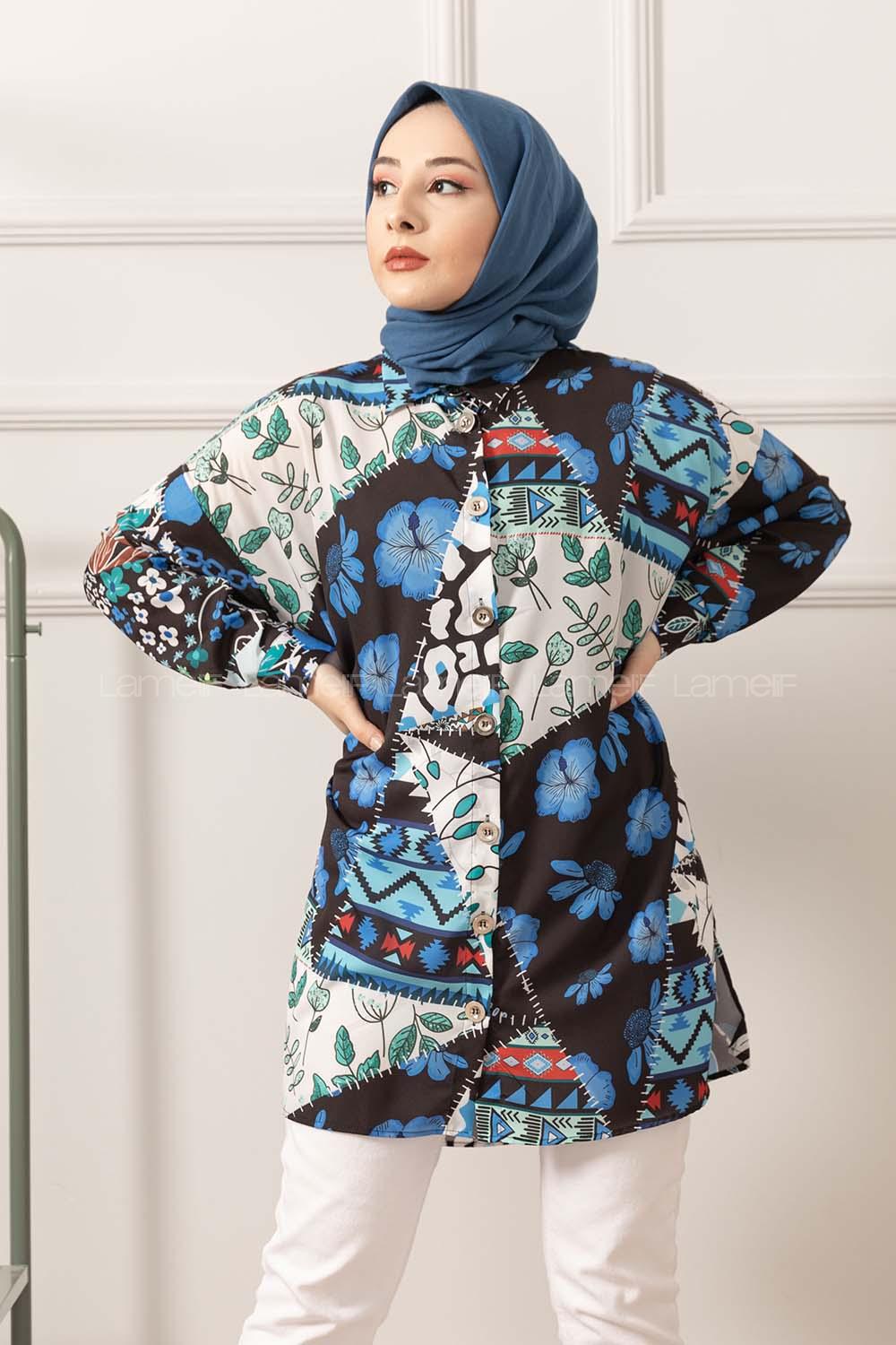 Modalamelif Etnik Desen Dijital Baskı Gömlek Siyah