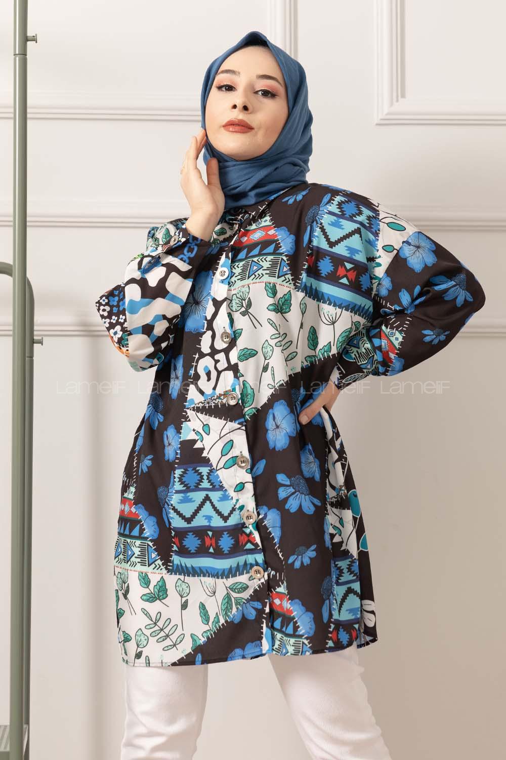 Modalamelif Etnik Desen Dijital Baskı Gömlek Siyah