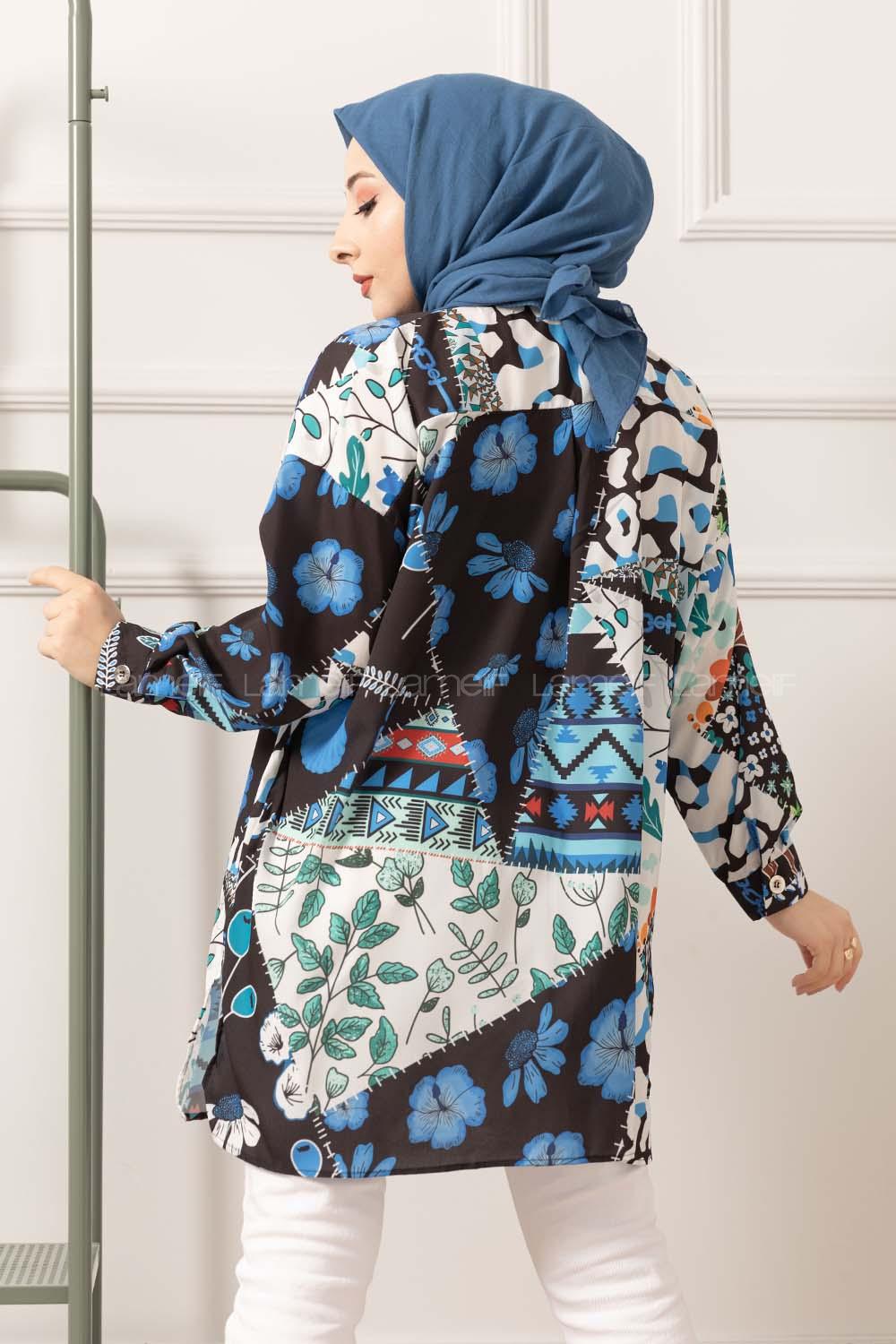 Modalamelif Etnik Desen Dijital Baskı Gömlek Siyah