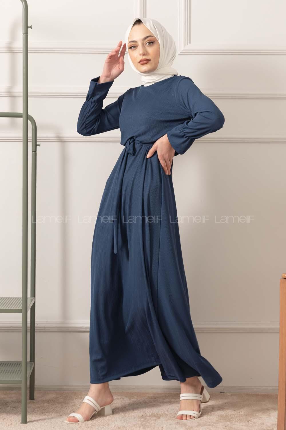 Modalamelif Kuşak Kemerli Fitilli Elbise İndigo