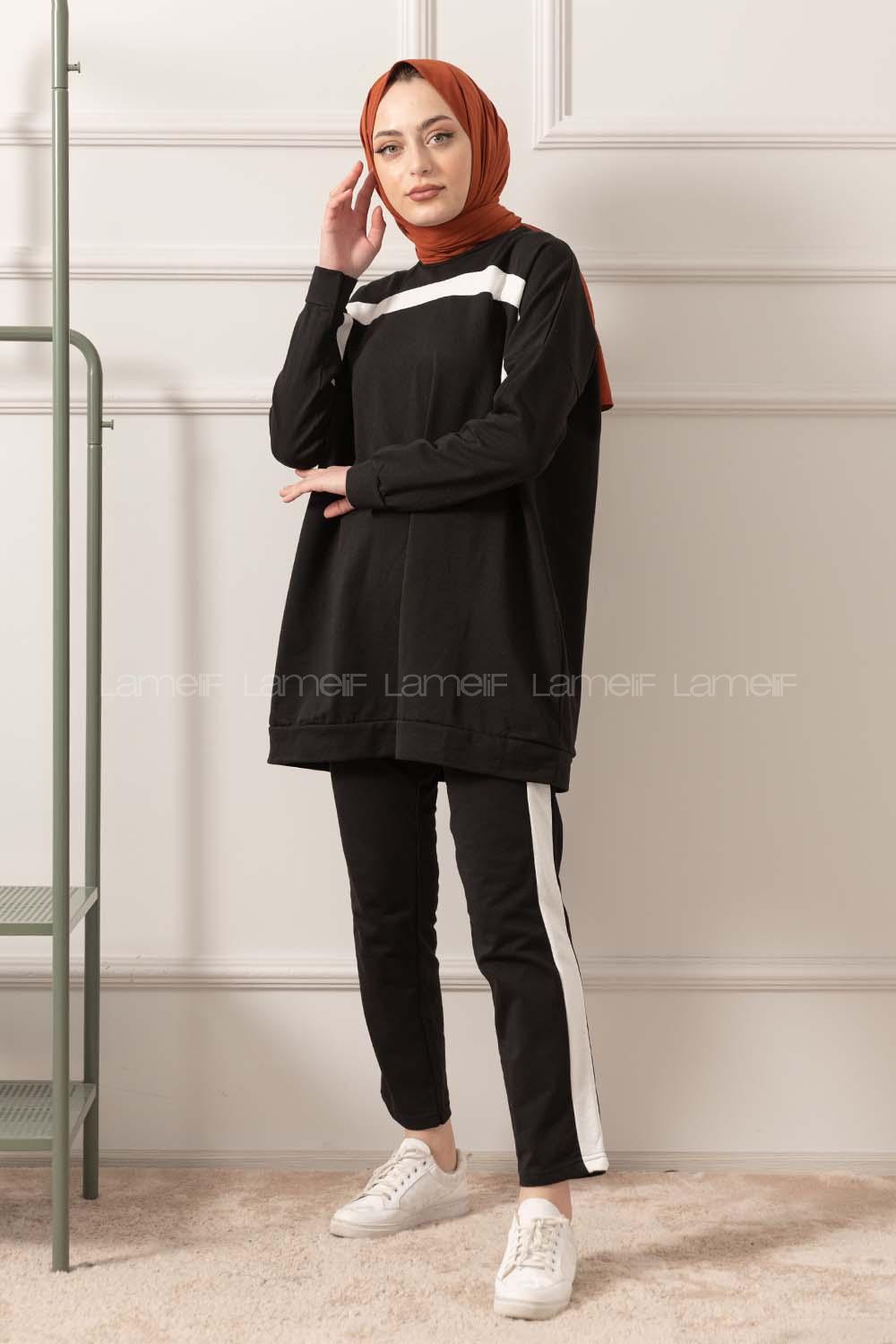 Modalamelif Şerit Detaylı İkili Takım Siyah