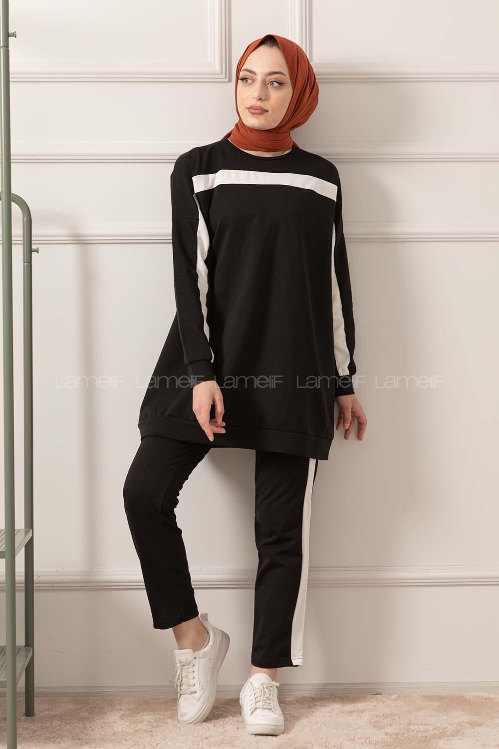 Modalamelif Şerit Detaylı İkili Takım Siyah