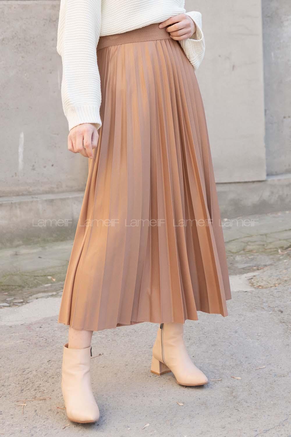 Modalamelif Beli Lastikli Deri Görünümlü Laklı Etek Sütlü Kahve