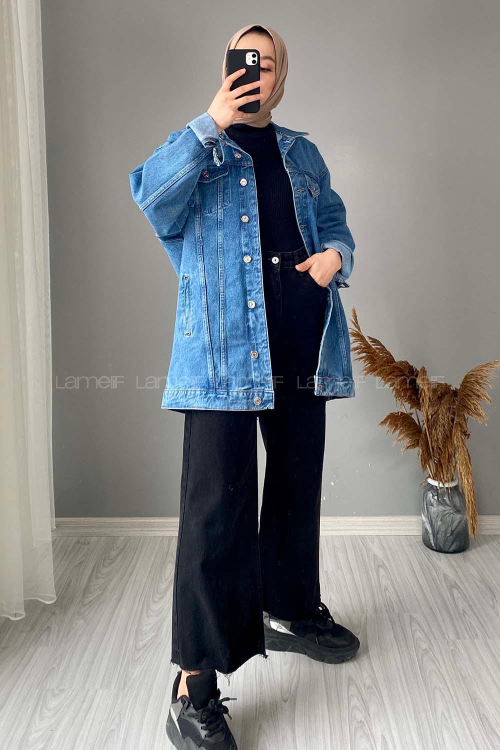 Modalamelif Çift Cepli Gabardin Ceket Kot Mavisi