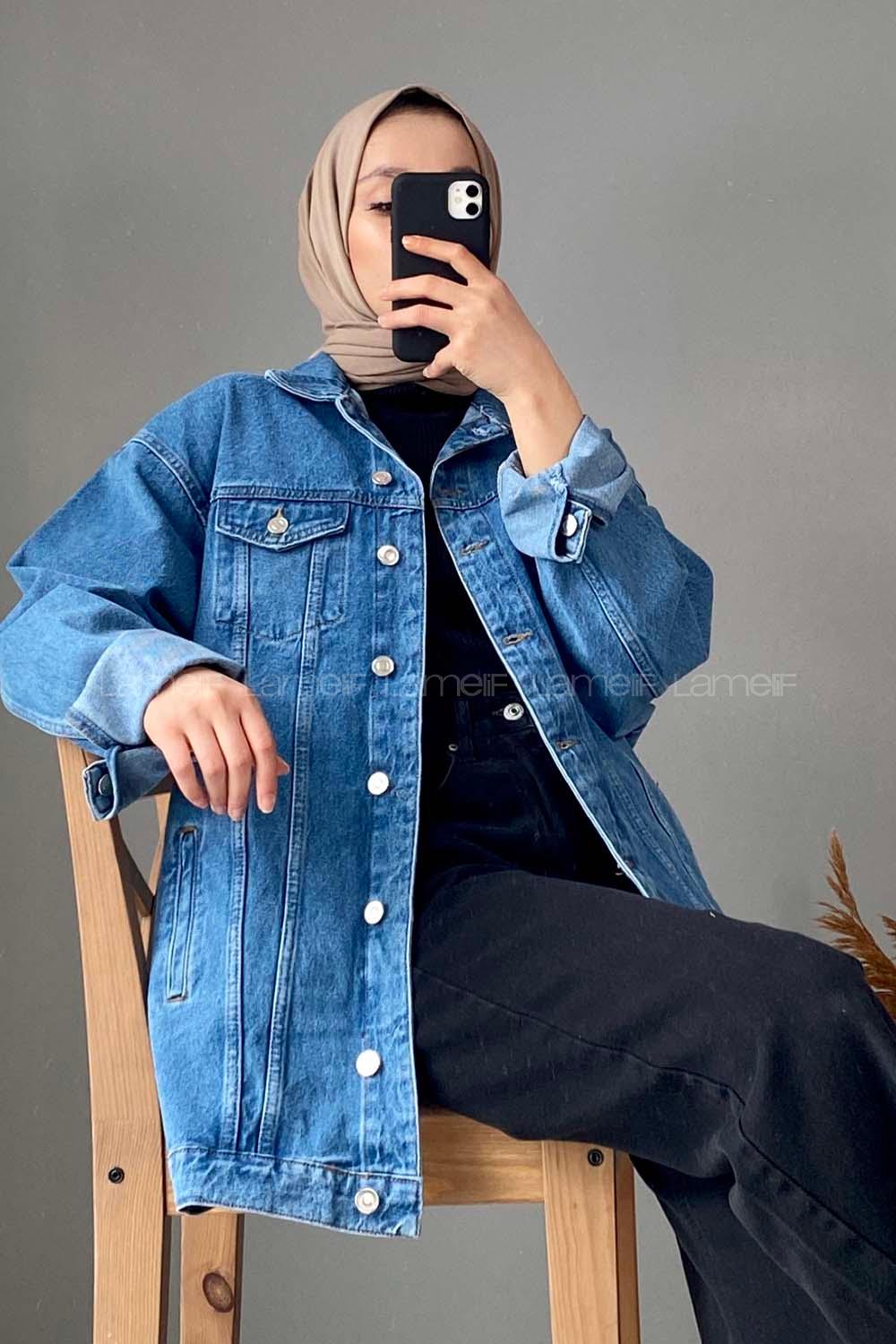 Modalamelif Çift Cepli Gabardin Ceket Kot Mavisi