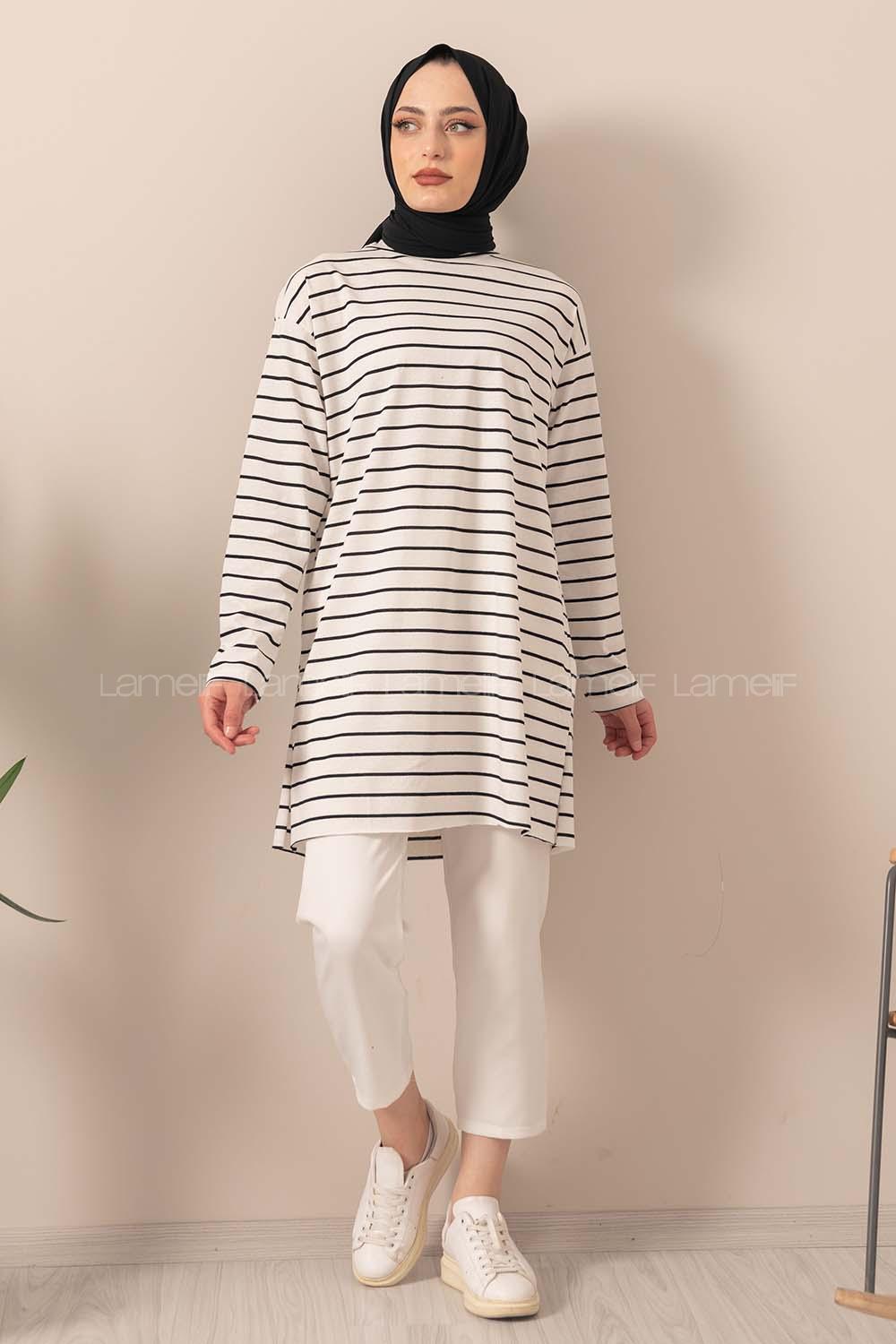 Modalamelif Çizgili Tunik Ekru