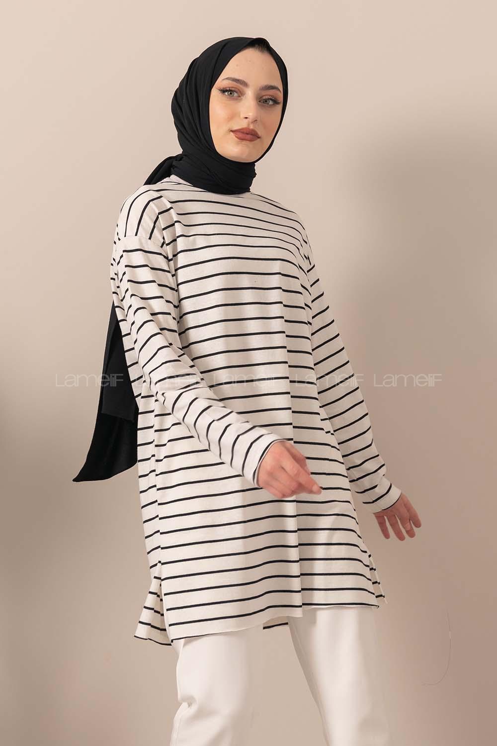 Modalamelif Çizgili Tunik Ekru