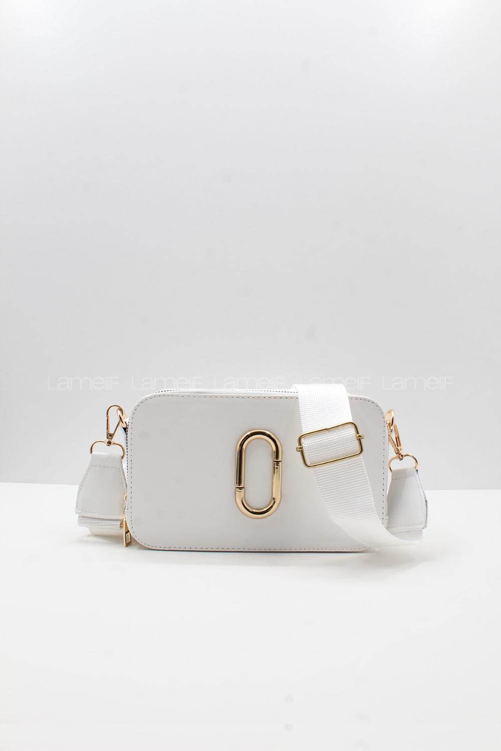 Lamelif Deri Görünümlü Metal Detay Çanta Beyaz