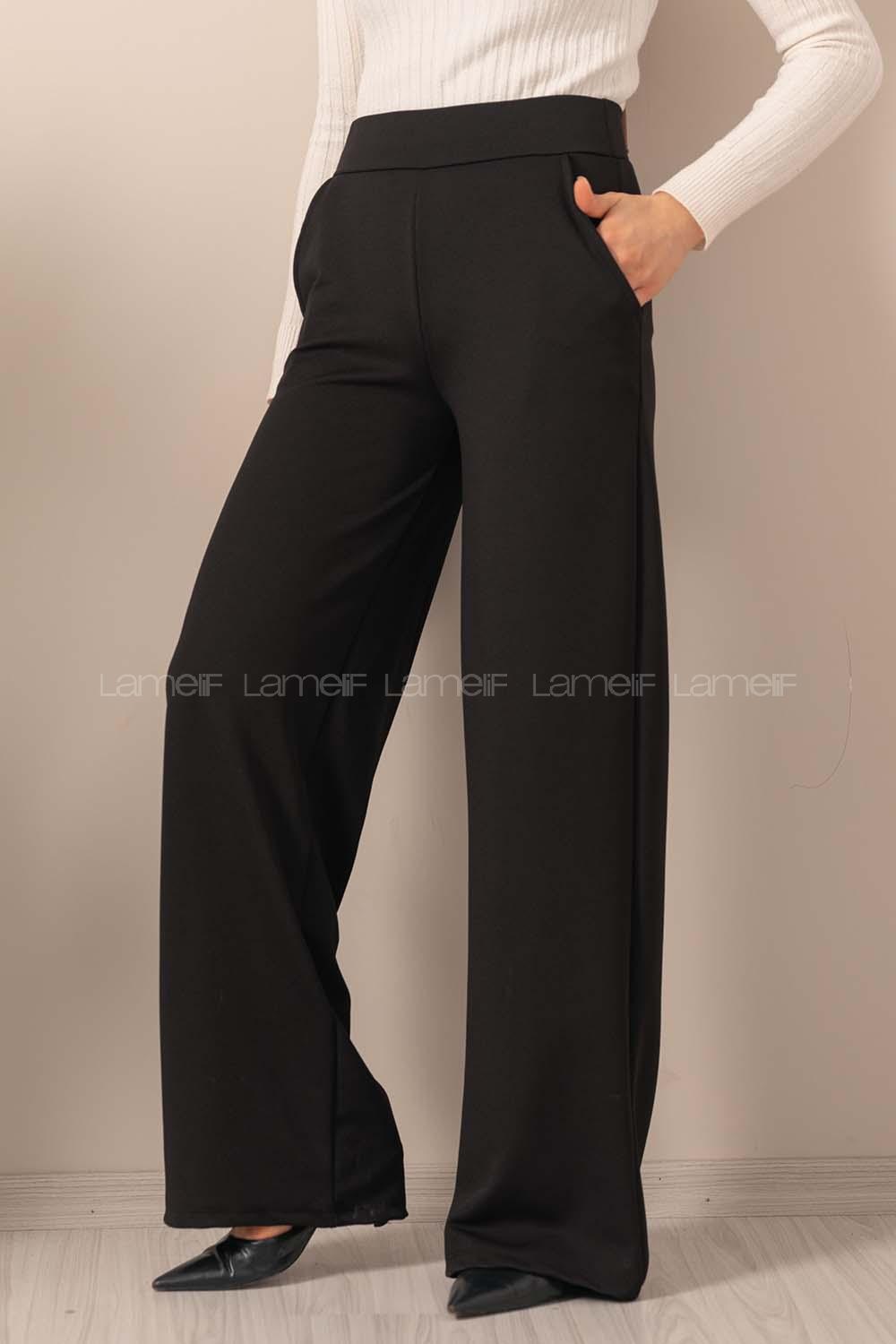 Modalamelif Geniş Kemerli Bol Paça Pantolon Siyah