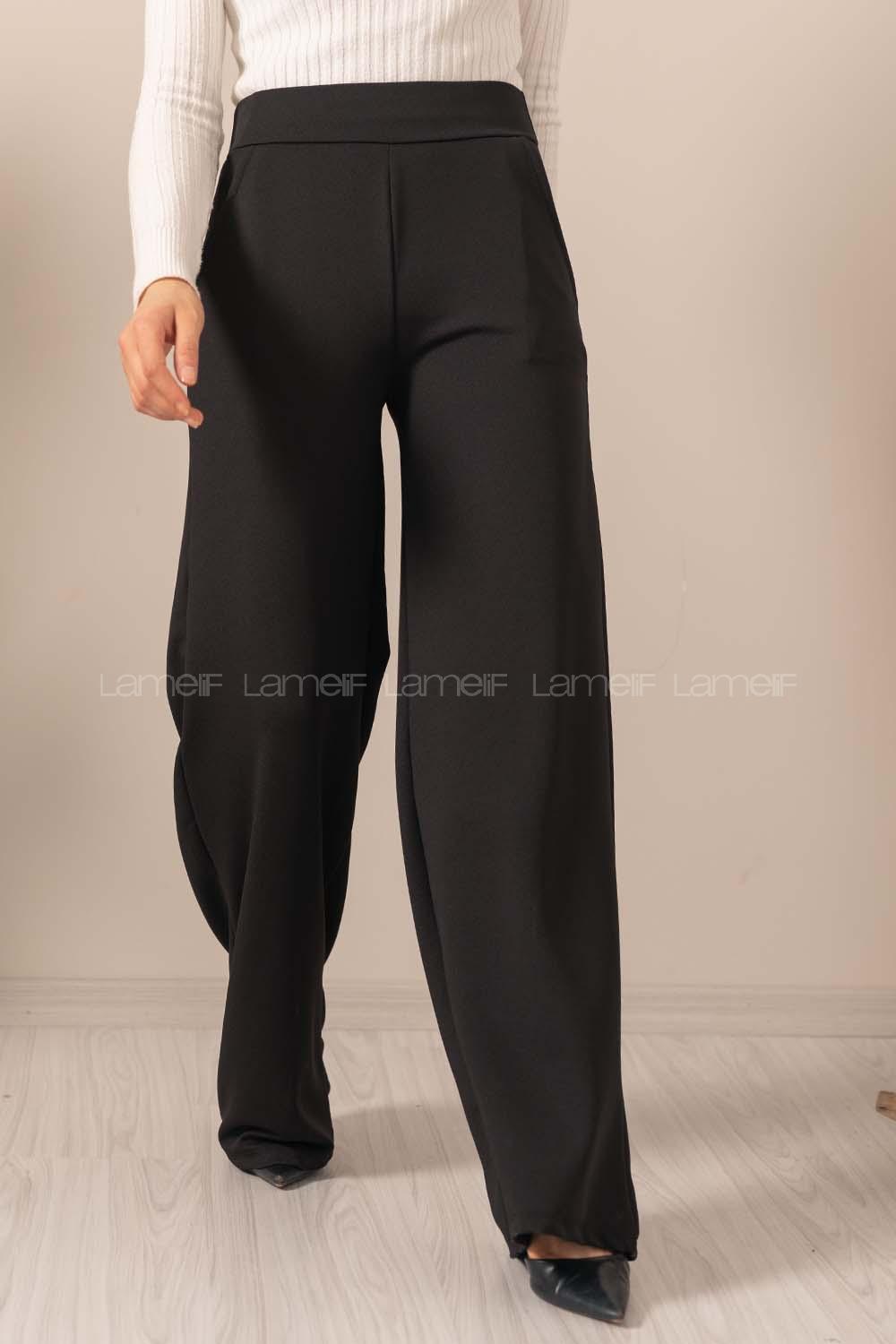 Modalamelif Geniş Kemerli Bol Paça Pantolon Siyah