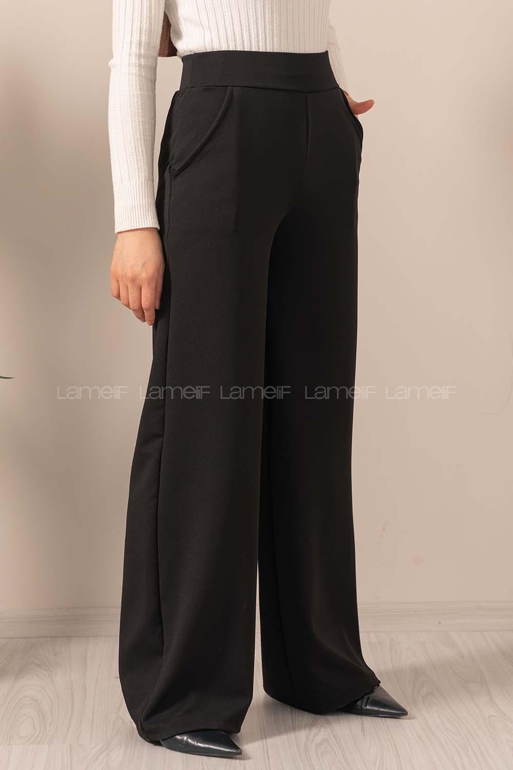Modalamelif Geniş Kemerli Bol Paça Pantolon Siyah