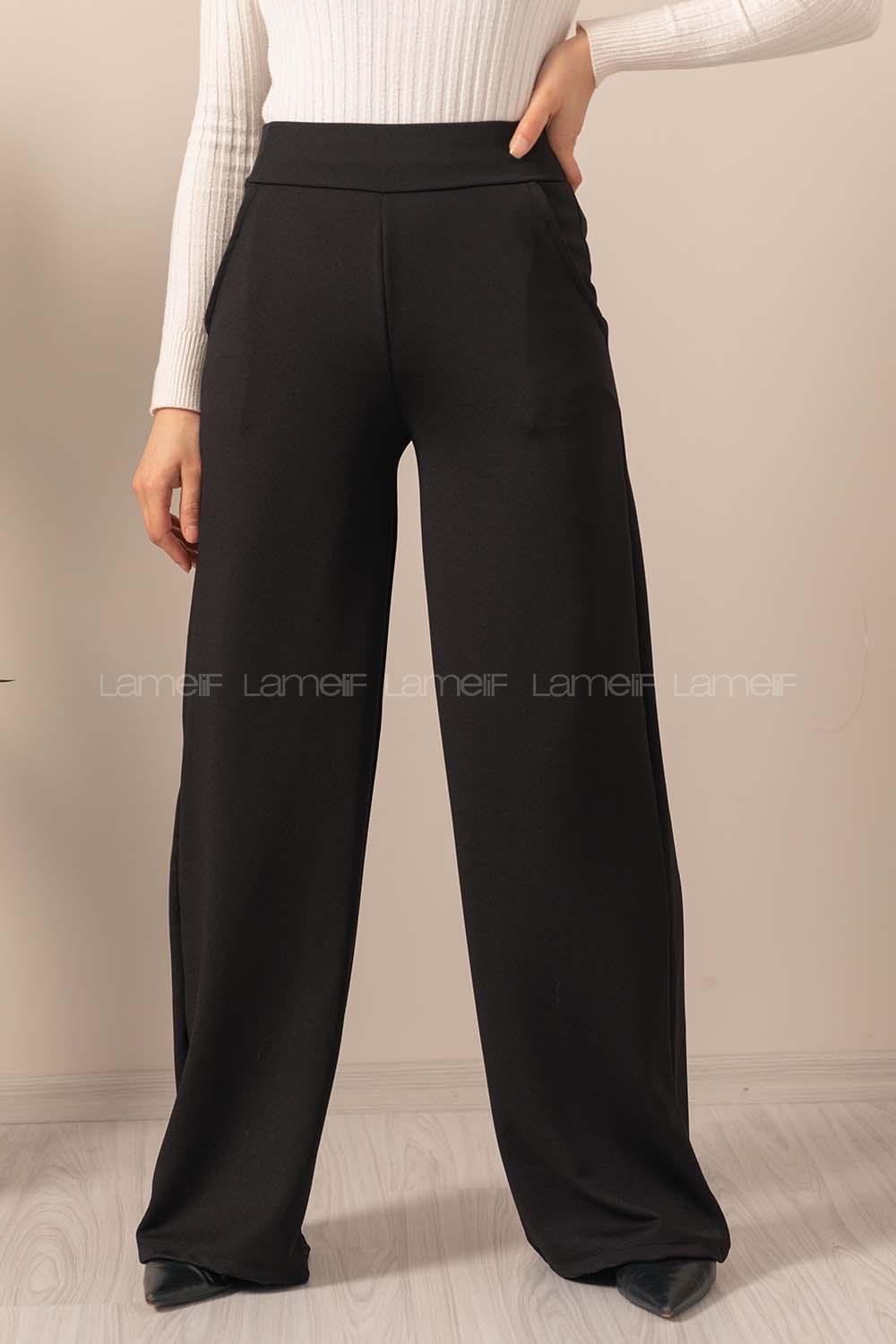 Modalamelif Geniş Kemerli Bol Paça Pantolon Siyah