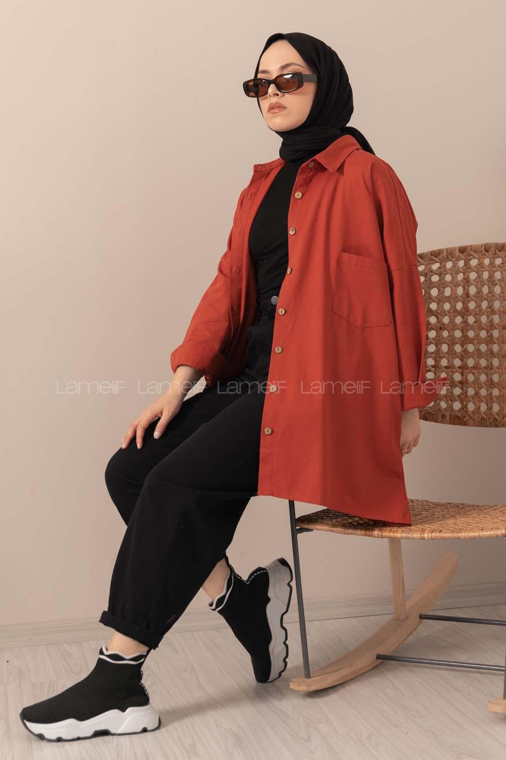 Modalamelif Kapaklı Tek Cepli Tahta Düğmeli Gömlek Kiremit