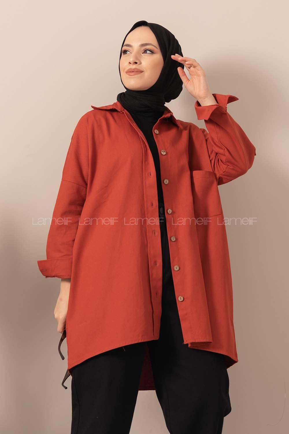 Modalamelif Kapaklı Tek Cepli Tahta Düğmeli Gömlek Kiremit