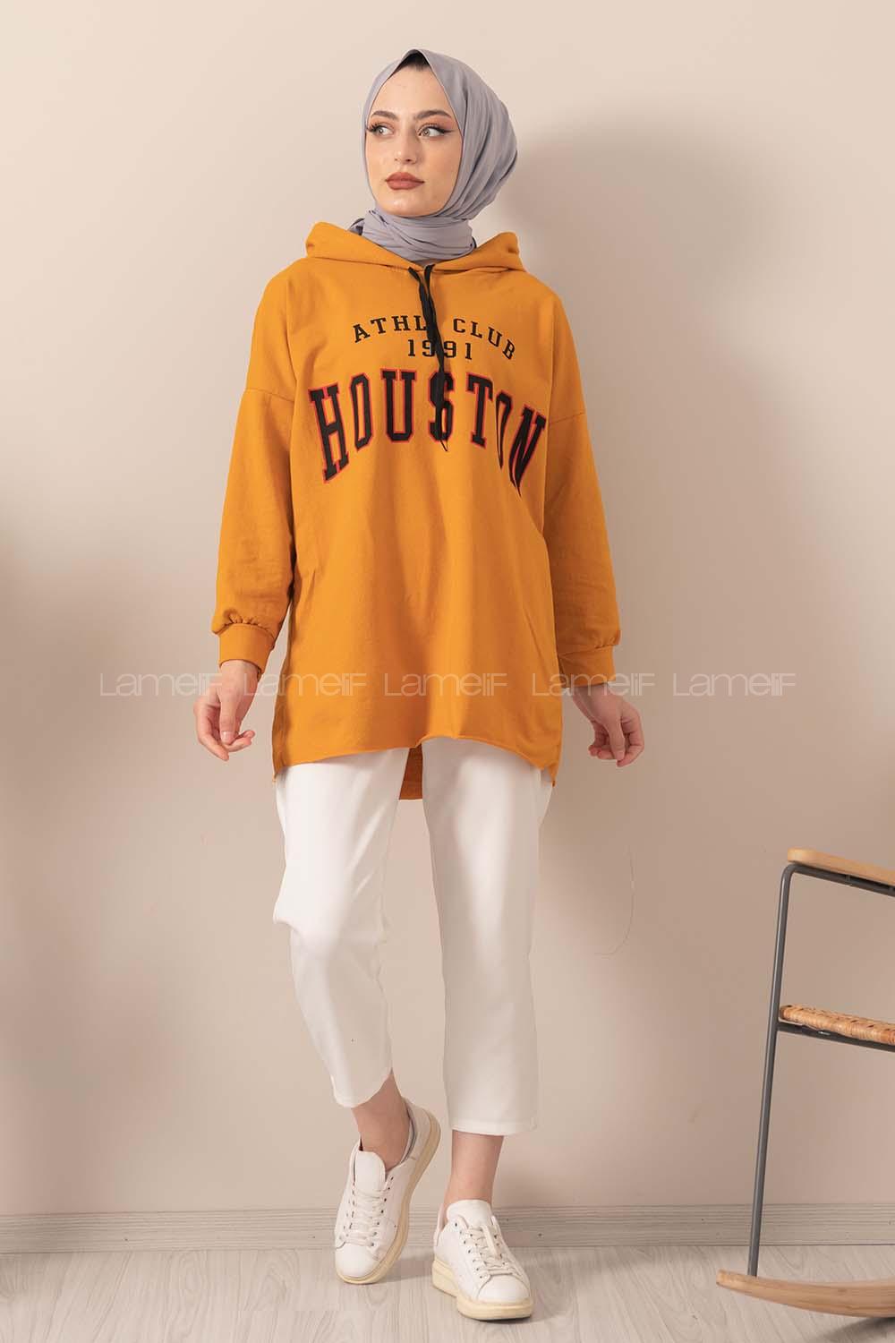 Modalamelif Kapşonlu Houston Baskılı Sweatshirt Hardal Sarısı