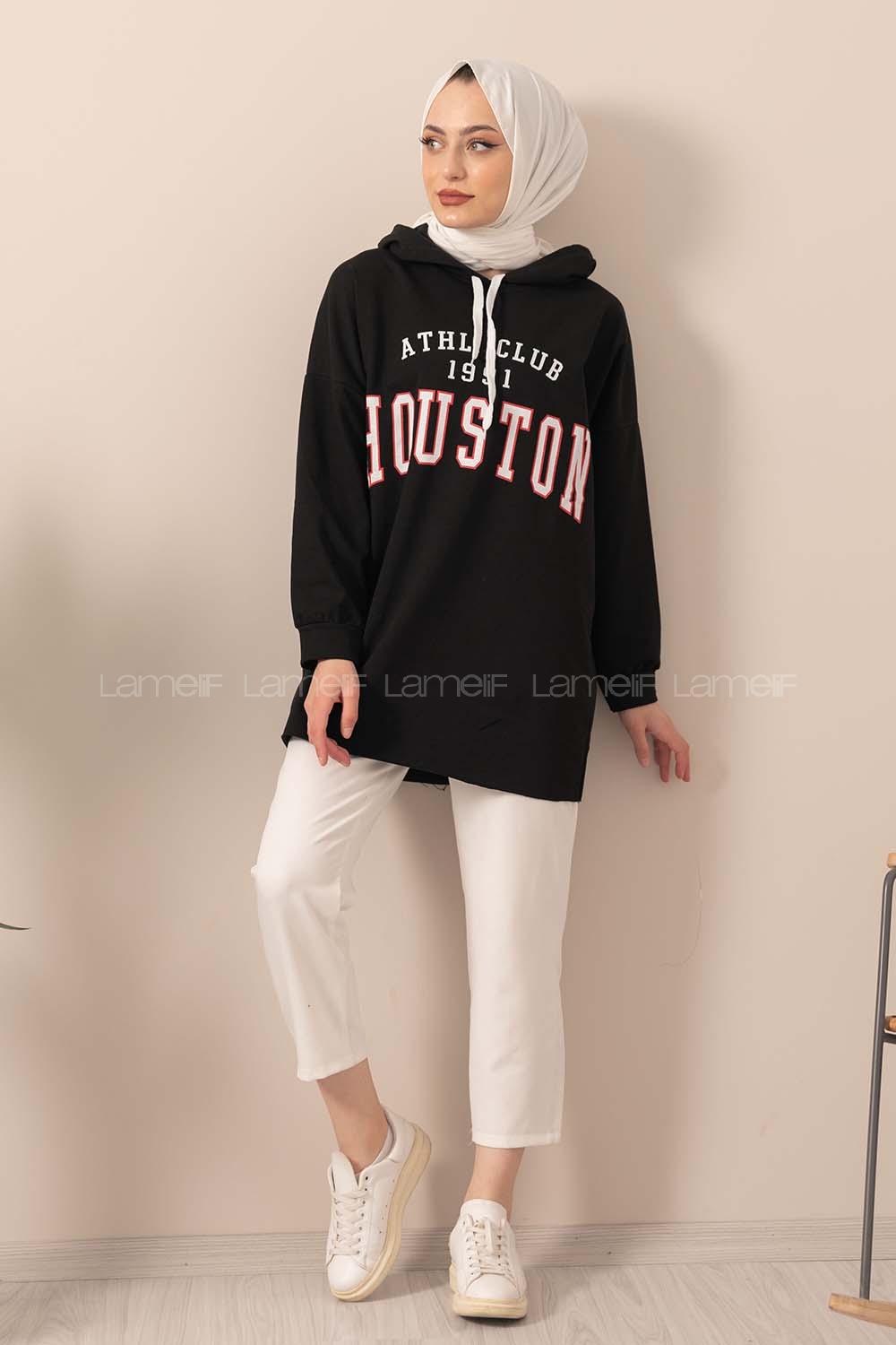 Modalamelif Kapşonlu Houston Baskılı Sweatshirt Siyah