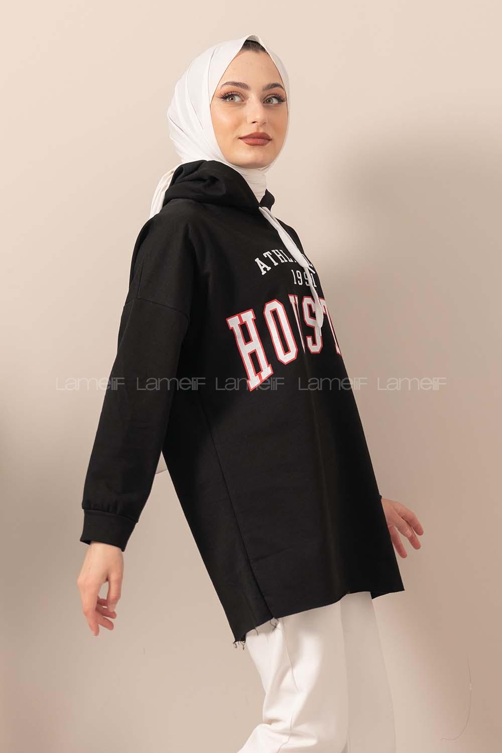 Modalamelif Kapşonlu Houston Baskılı Sweatshirt Siyah