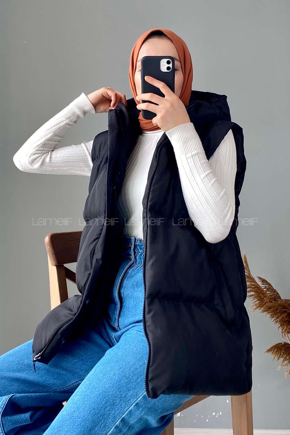 Lamelif Kapşonlu Şişme Yelek Siyah
