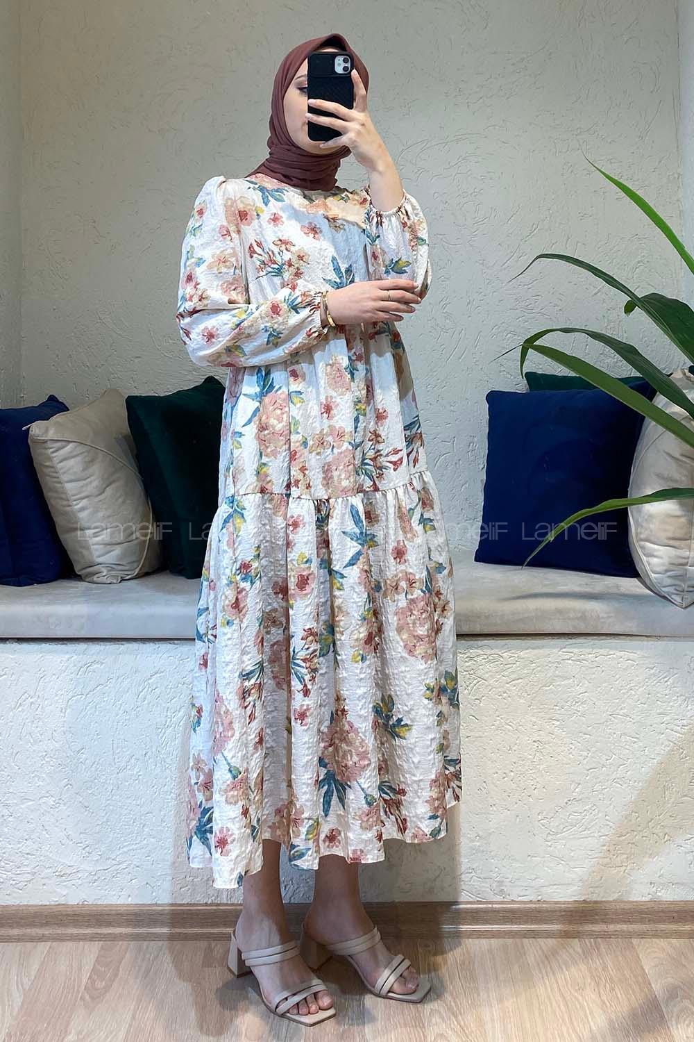 Modalamelif Kol Lasikli Çiçek Desenli Elbise Ekru