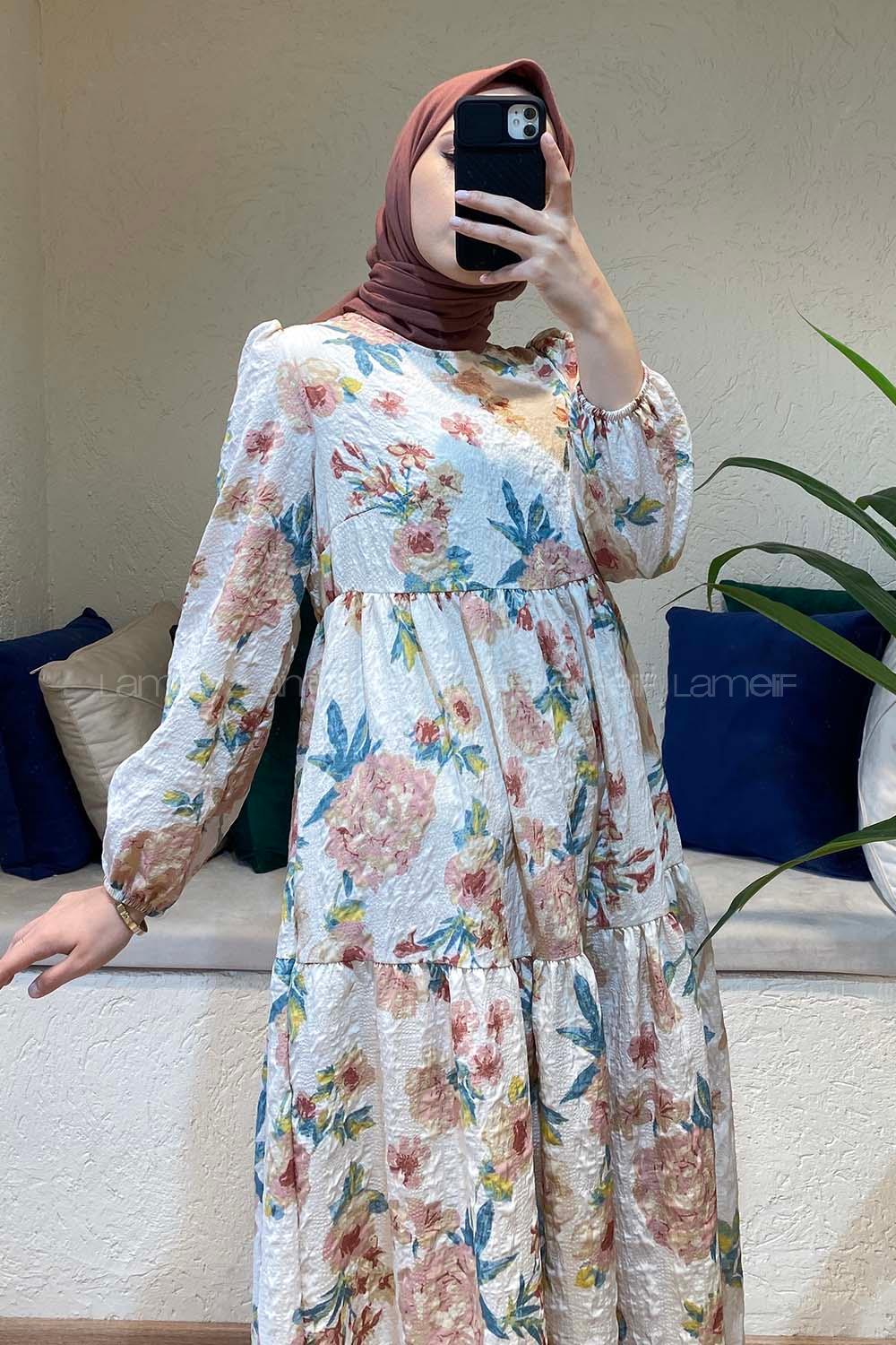 Modalamelif Kol Lasikli Çiçek Desenli Elbise Ekru