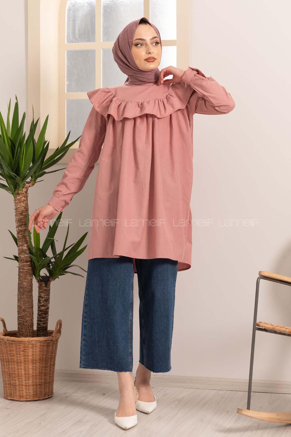 Modalamelif Kol Lastikli Yaka Fırfırlı Tunik Gül