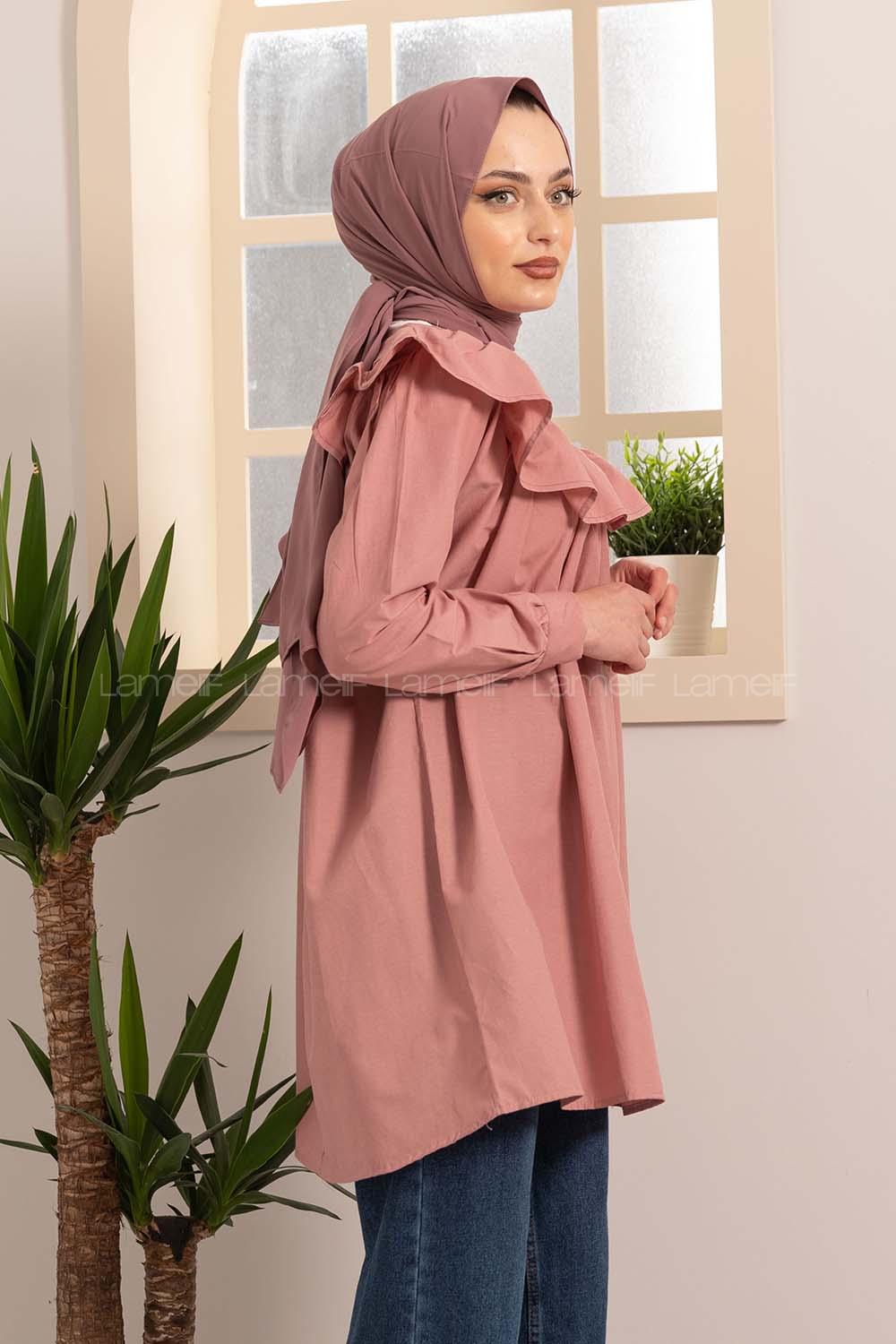 Modalamelif Kol Lastikli Yaka Fırfırlı Tunik Gül