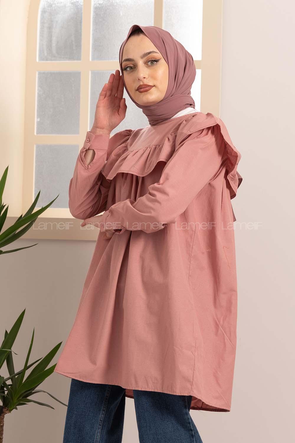 Modalamelif Kol Lastikli Yaka Fırfırlı Tunik Gül