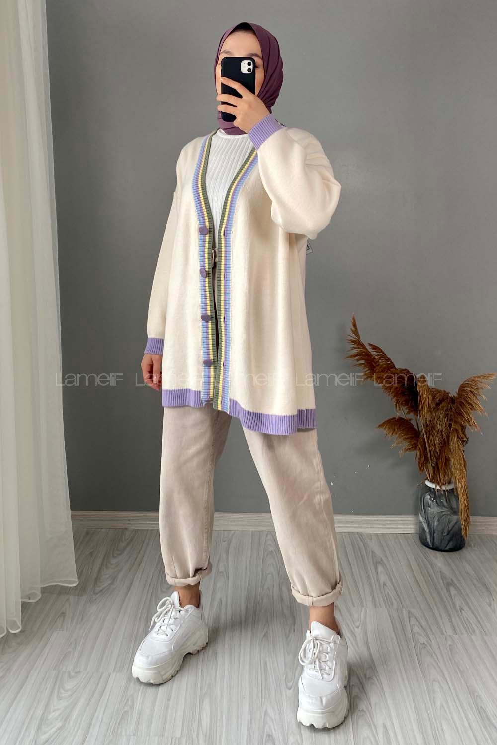 Modalamelif  Renk Detaylı Triko Hırka Krem Lila