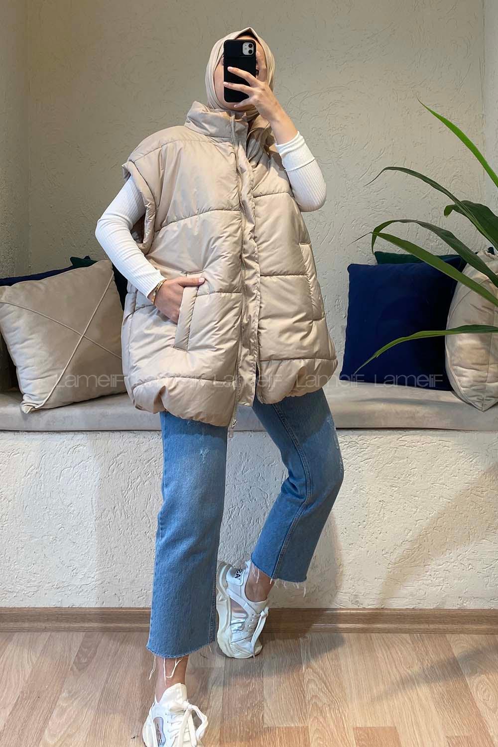 Modalamelif Yarım Balıkçı Yaka Şişme Yelek Bej