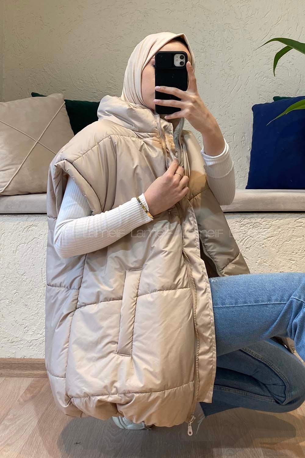 Modalamelif Yarım Balıkçı Yaka Şişme Yelek Bej