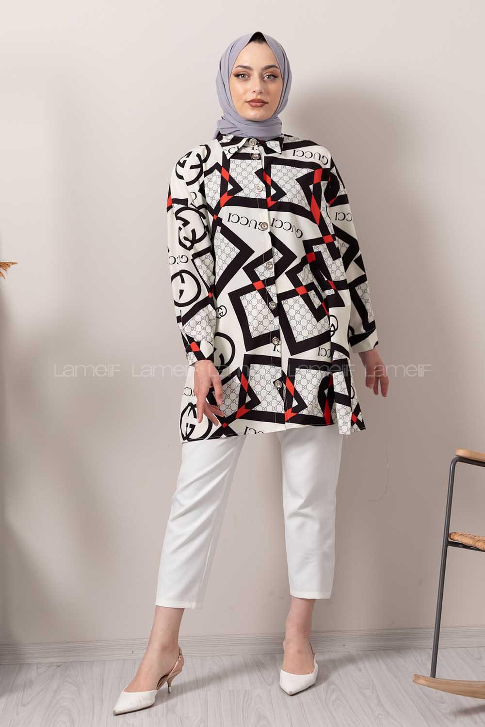 Modalamelif Geometrik Desen Dijital Baskı Gömlek Siyah