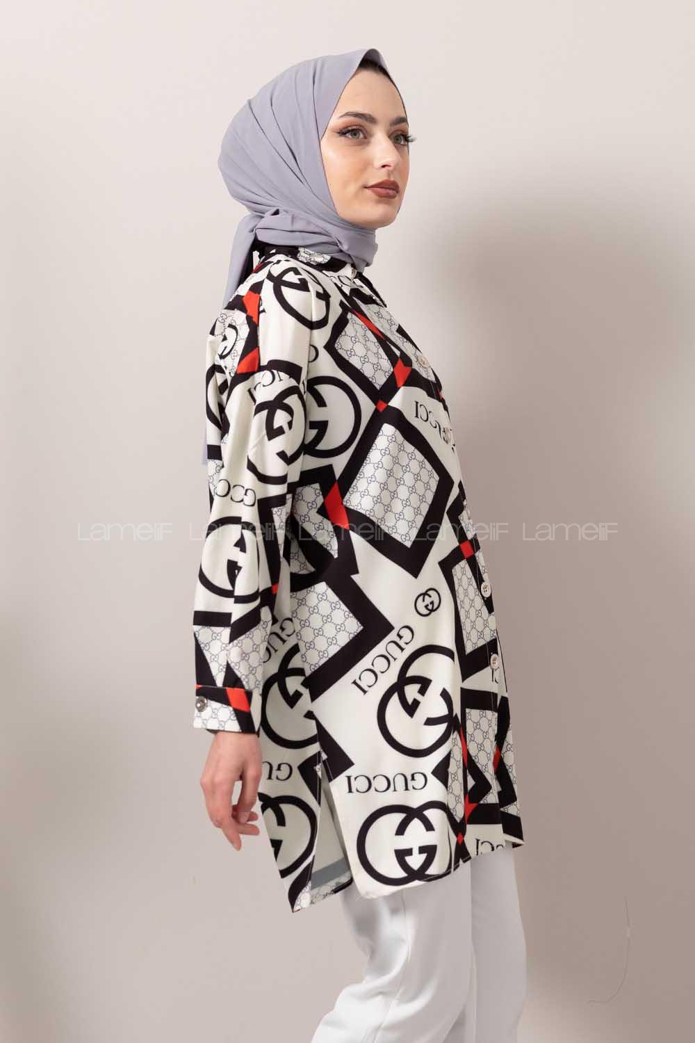 Modalamelif Geometrik Desen Dijital Baskı Gömlek Siyah